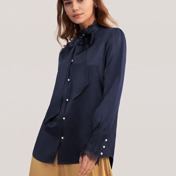 LilySilk X MIM Women's Lace Silk Blouse with Removable Bow - Picture 4 of 12